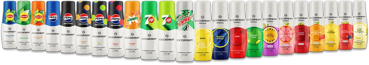 Gama syropów Sodastream, w tym Pepsi, Mirinda, Tonic i różne smaki owocowe